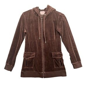 Sarah Johnson Track Jacket Womens Small Brown Velour Long Longline Hoodie‎ Y2K